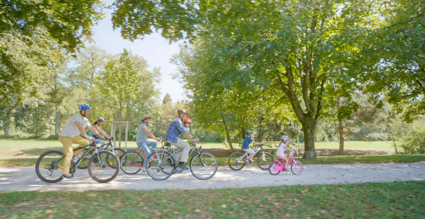 istock Family riding bicycle in park 973258846