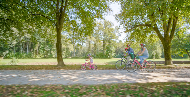 istock Family riding bicycle in park 973258854
