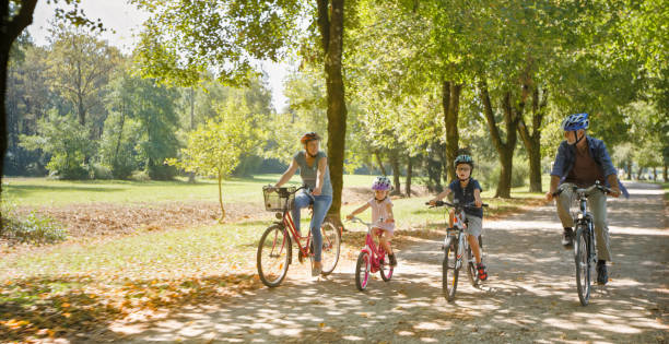 istock Family riding bicycle in park 973258904