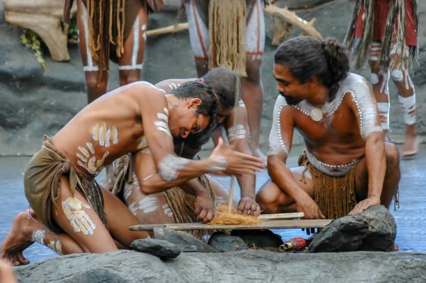 australian natives perform ancestral ritual of starting a fire in cairns, eastern australia. - aborigine imagens e fotografias de stock