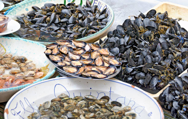 case with fresh caught mussels at the fish market of Gallipoli, Italy