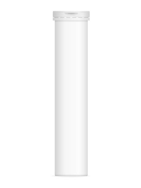 Vector mock-up of aluminum bottle and cap for vitamins, tablets, pills. Vector realistic image (mock-up, layout, template) packaging (aluminum bottle and cap) for vitamins, tablets, pills. The image is created using a gradient mesh. Vector EPS 10 illustration. white plastic tube stock illustrations