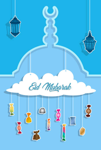 eid mubarak gruß mit papier ausgeschnitten bonbons - egypt islam cairo mosque stock-grafiken, -clipart, -cartoons und -symbole