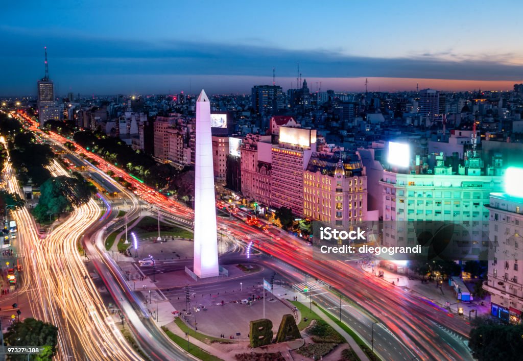 Aerial view of Buenos Aires city with Obelisk and 9 de julio avenue at night - Buenos Aires, Argentina Buenos Aires Stock Photo