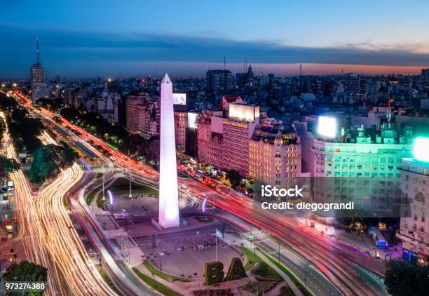 Aerial View Of Buenos Aires City With Obelisk And 9 De Julio Avenue At Night Buenos Aires Argentina Stock Photo - Download Image Now