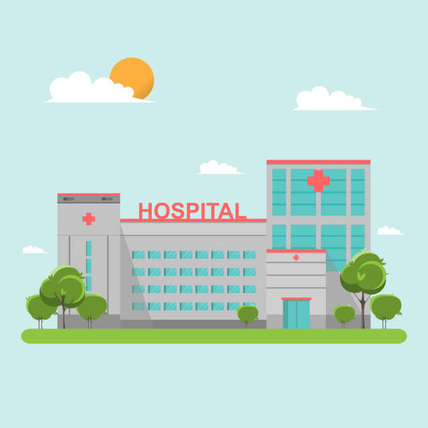 rumah sakit membangun gaya datar di langit biru - hospital building ilustrasi stok