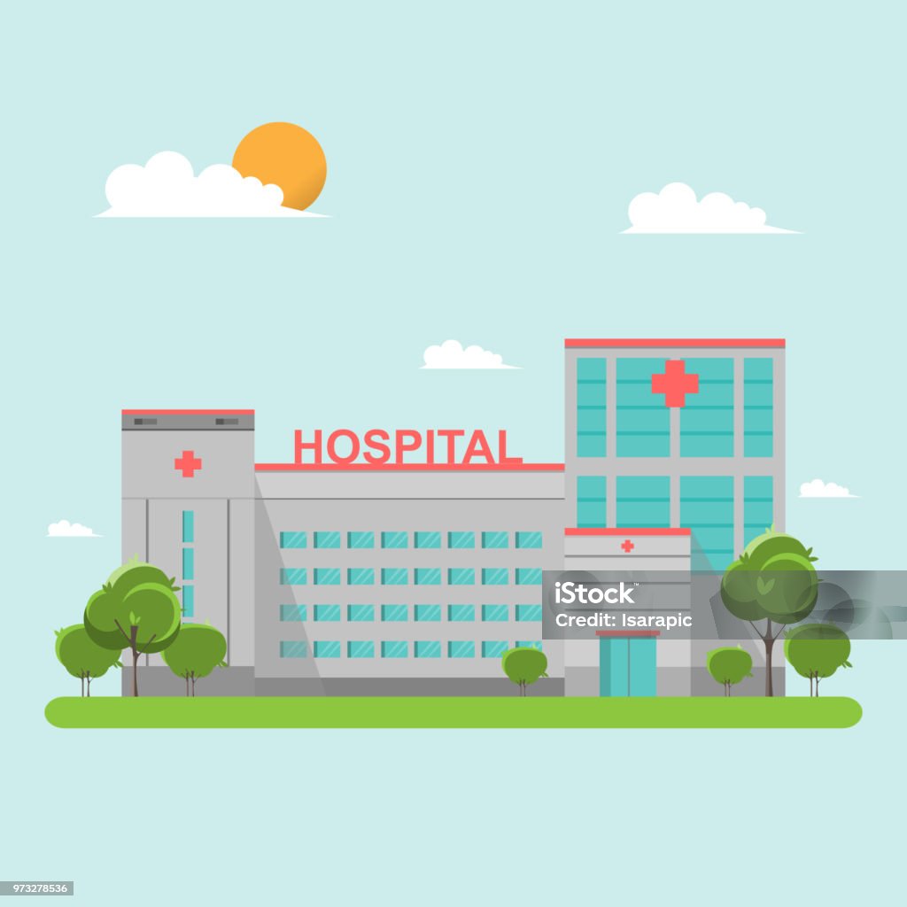 Hospital building flat style on blue sky Hospital building flat style on blue sky. Ambulance, health and care, aid and doctor. Vector illustration Hospital stock vector