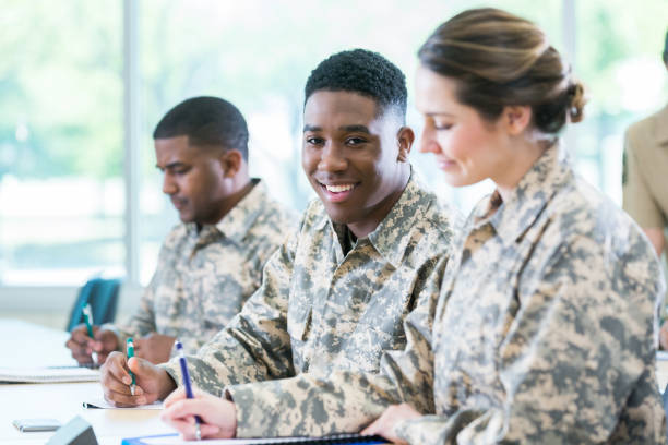 istock Male and female military cadets taking class 973288842