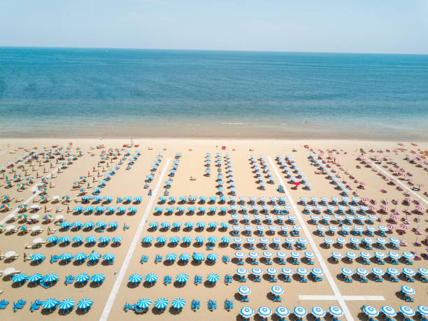 Aerial view of the beach Aerial view of the beach in Rimini, Italy rimini stock pictures, royalty-free photos & images