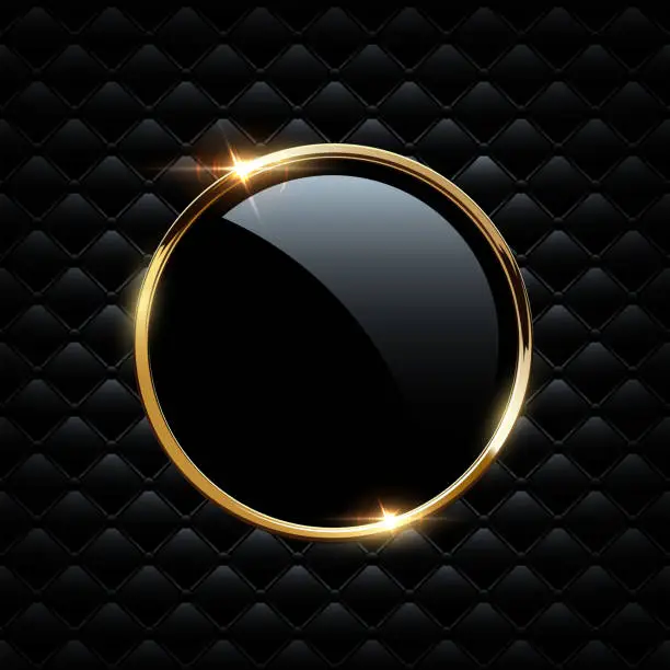 Vector illustration of Golden sparkling ring with glass circle isolated on black luxury background. Vector golden frame.