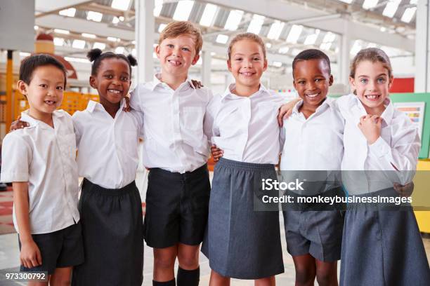 Classmates Posing For Photo At A Science Centre Stock Photo - Download Image Now - School Uniform, Elementary Student, Child