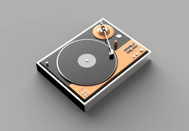 istock Retro record - vinyl player isolated on gray background.3D illustration. 973302442
