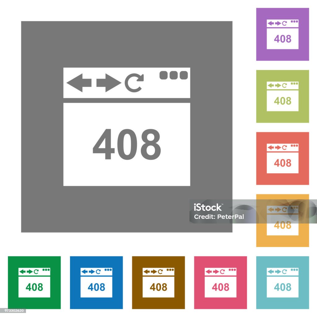 Browser 408 request timeout square flat icons Browser 408 request timeout flat icons on simple color square backgrounds Applying stock vector