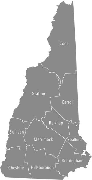 新罕布什爾州縣地圖向量輪廓灰色背景。美國新罕布什爾州地圖與邊界和縣名字標記 - manchester 幅插畫檔、美工圖案、卡通及圖標