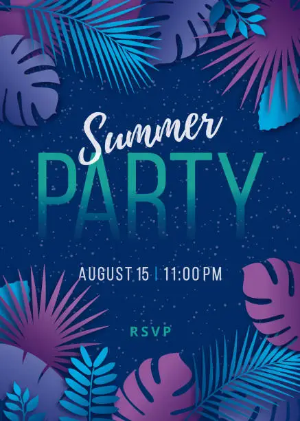 Vector illustration of Summer Party - Tropical background with palm leaves and exotic plants