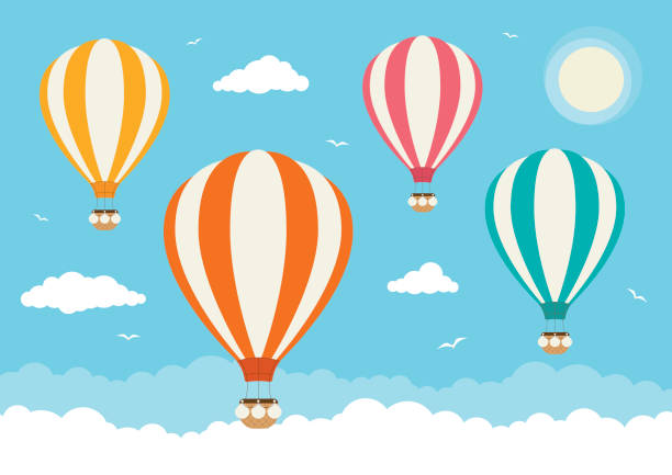 ilustraciones, imágenes clip art, dibujos animados e iconos de stock de globos de aire caliente de dibujos animados vector - globo aerostático