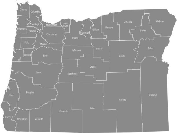 Oregon county map vector outline gray background. Map of Oregon state of USA with borders and counties names labeled Oregon county map vector outline gray background. Map of Oregon state of USA with borders and counties names labeled oregon us state stock illustrations