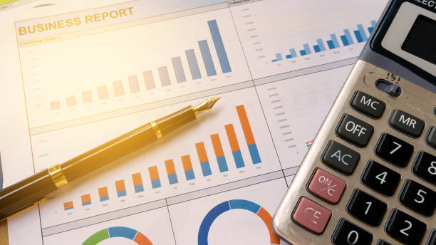 Business report statement for analysis and review market share and budget stock photo
