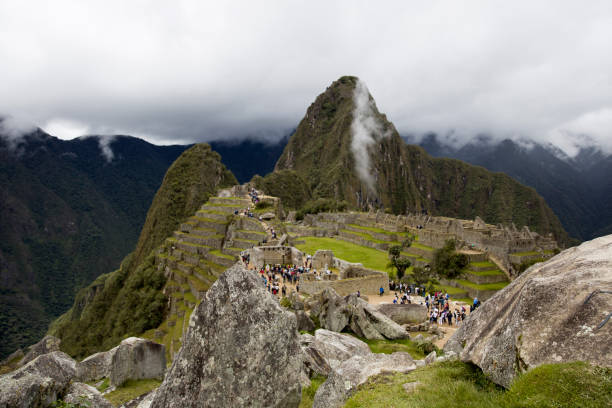 Machu Picchu ruins in Peru View at the Machu Picchu ruins in Peru archaelogy stock pictures, royalty-free photos & images