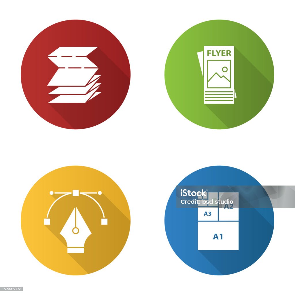 Printing icons Printing flat design vector icons. Folded brochure, flyer, fountain pen nib, paper sizes Brochure stock vector