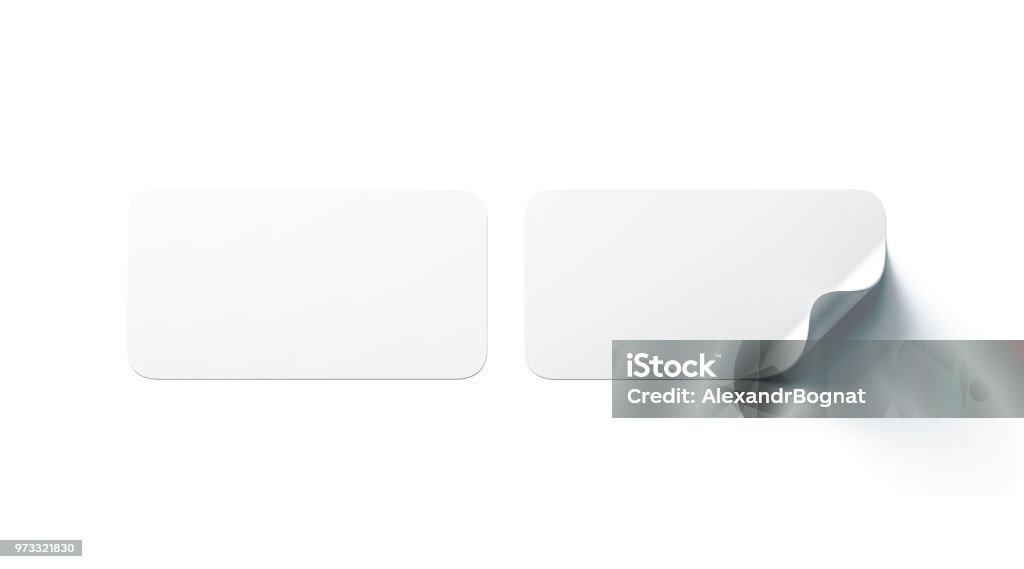 Blank white rectangle adhesive stickers mock up with curved corner Blank white rectangle adhesive stickers mock up with curved corner, 3d rendering. Empty oblong sticky label mockup with curl. Clear adherent tag template for glass door or wall. Label Stock Photo
