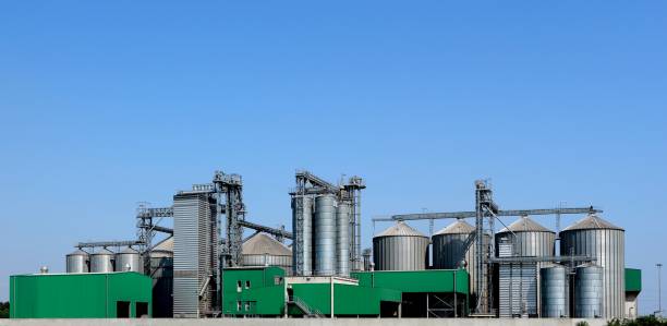 istock Large grains storage bin system with several silos of different sizes, drying towers and distribution systems 973325730
