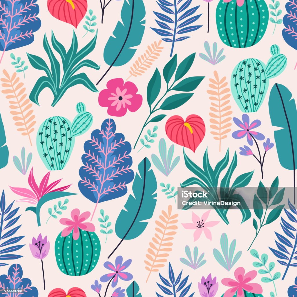 Seamless pattern with tropical palm leaves and flowers. Vector illustration Seamless pattern with tropical palm leaves and flowers. Vector illustration. Floral Pattern stock vector