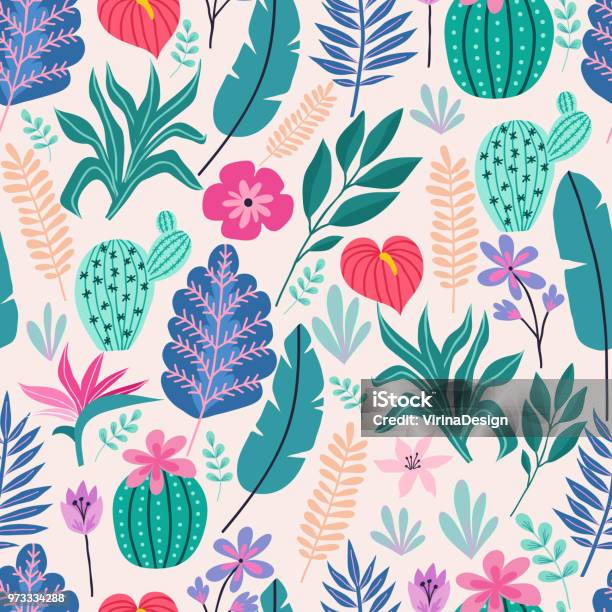 Seamless Pattern With Tropical Palm Leaves And Flowers Vector Illustration Stock Illustration - Download Image Now
