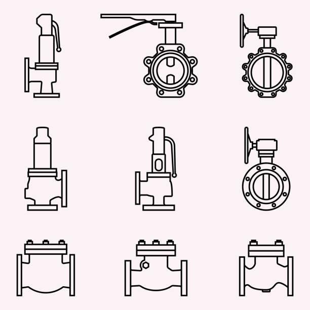 ilustraciones, imágenes clip art, dibujos animados e iconos de stock de sistema de la válvula industrial. vector de línea delgada - válvula de aire