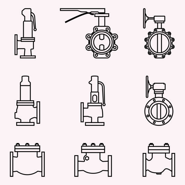 комплект промышленного клапана. тонкий вектор линии - valve stock illustrations