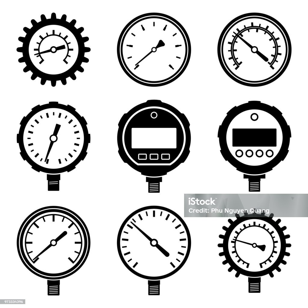 Set of various types of pressure gauge. Vector illustration Vector illustration of measuring instrument Pressure Gauge stock vector