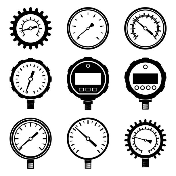 Set of various types of pressure gauge. Vector illustration Vector illustration of measuring instrument pressure gauge stock illustrations