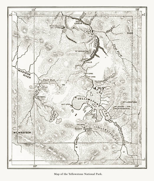 illustrazioni stock, clip art, cartoni animati e icone di tendenza di early antique map of yellowstone national park, wyoming, montana, and idaho, stati uniti, american victorian engraving, 1872 - montana map old cartography