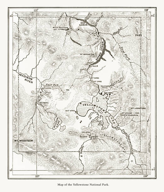 ранняя античная карта национального парка йеллоустоун, вайоминг, монтана и айдахо, сша, американская викторианская гравюра, 1872 - montana map usa old stock illustrations