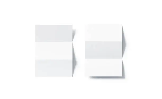 Blank white z-folded horizontal booklet mock up, top view, 3d rendering. Plain trifold brochures mockup set. Rectangle book cover template, copy space.