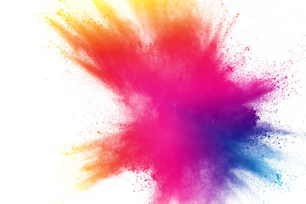 istock Multi color powder explosion isolated on white background. Colored dust splash cloud  on white background. Launched colorful particles on background. Painted Holi in festival. 973339004