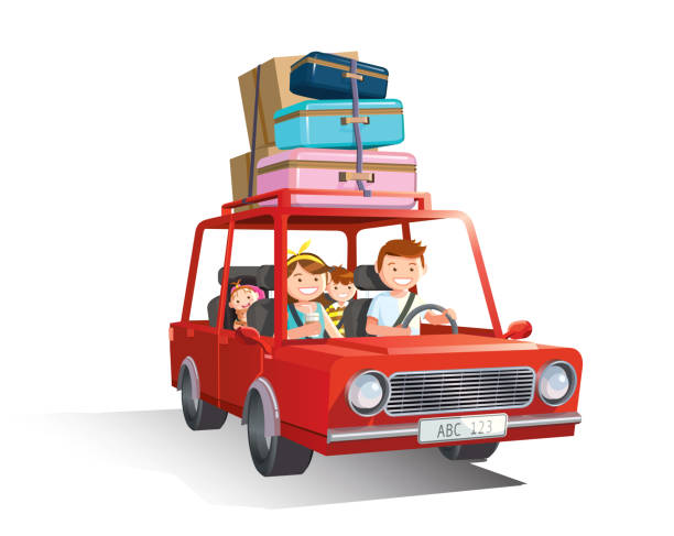 Family road trip. travel by car with kids on white background. Vector. Family road trip. travel by car with kids on white background. Vector, illustration. family vacation car stock illustrations