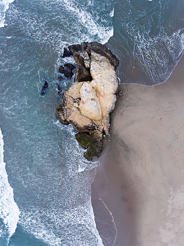 An aerial view of Ocean Beach rock formations in San Francisco, California.