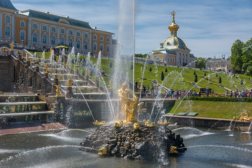 Saint-Petersburg, Russia 27 May 2018: The famous sculptures of fountains in Peterhoff. Grand Cascade in front of the Peter The Great's Palace.