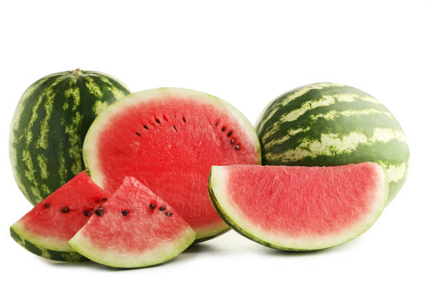 istock Slices of watermelons isolated on white background 973347656