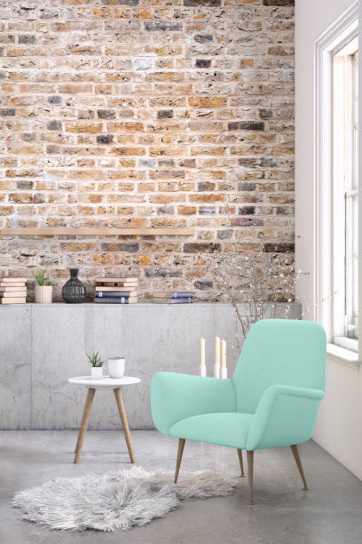 istock Pastel colored armchair with coffee table, window and blank wall template 973356640