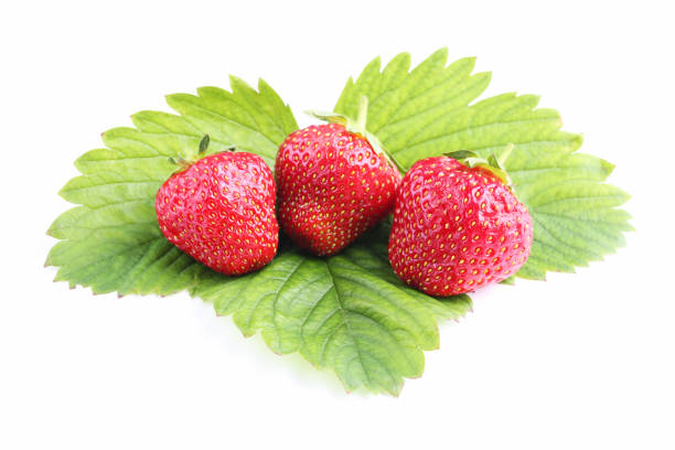 istock Fresh strawberries with green leaf isolated on white background 973356976