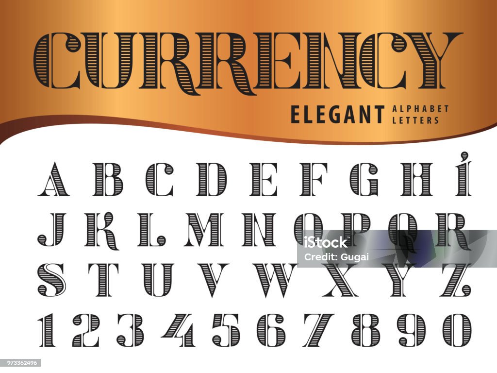 Vector of Elegant Alphabet Letters and numbers, Modern Serif Style fonts, Didot Vector of Elegant Alphabet Letters and numbers, Modern Serif Style fonts, Vintage and retro typography Vector of Elegant Alphabet Letters and numbers, Modern Serif Style fonts, Vintage and retro typography, Didot typeface, Line Letters set for Dollar Bill, Money, Currency, Label, Classical, Superior, Honour, Antique, Supreme Typescript stock vector