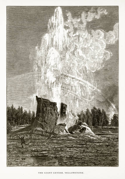 ilustrações de stock, clip art, desenhos animados e ícones de giant geyser, old faithful, yellowstone valley, yellowstone national park, wyoming, montana, and idaho, united states, american victorian engraving, 1872 - yellowstone national park wyoming american culture landscape