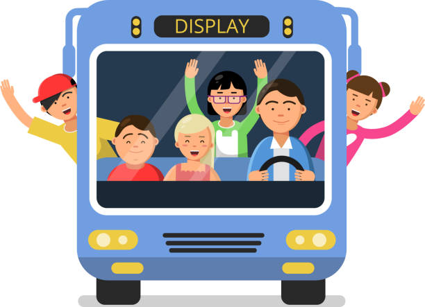 ilustrações de stock, clip art, desenhos animados e ícones de front view of school bus with set of happy childrens and driver - bus school bus education cartoon