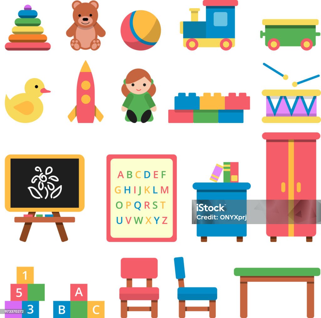 Various toys for preschool kids Various toys for preschool kids. Toy and furniture for babyt and children. Vector illustration Preschool stock vector