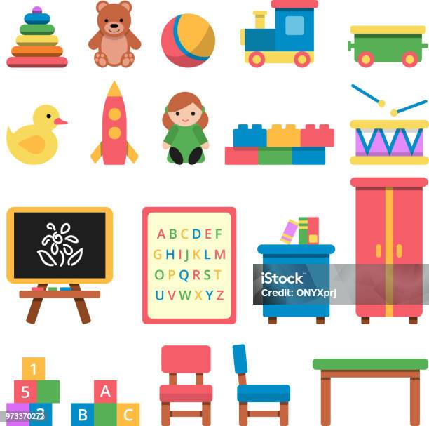 Various Toys For Preschool Kids Stock Illustration - Download Image Now - Preschool, Toy, Doll