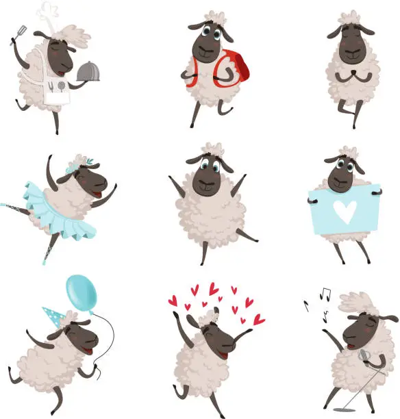 Vector illustration of Funny cartoon sheeps in various action poses