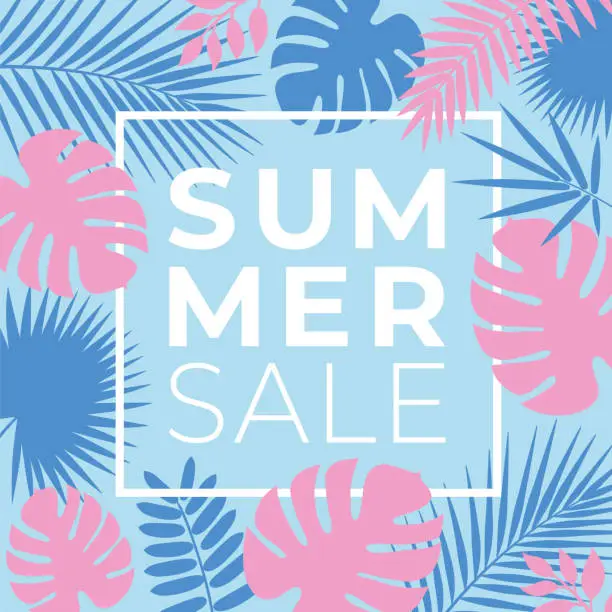 Vector illustration of Summer tropical sale banner with palm leaves and exotic plants