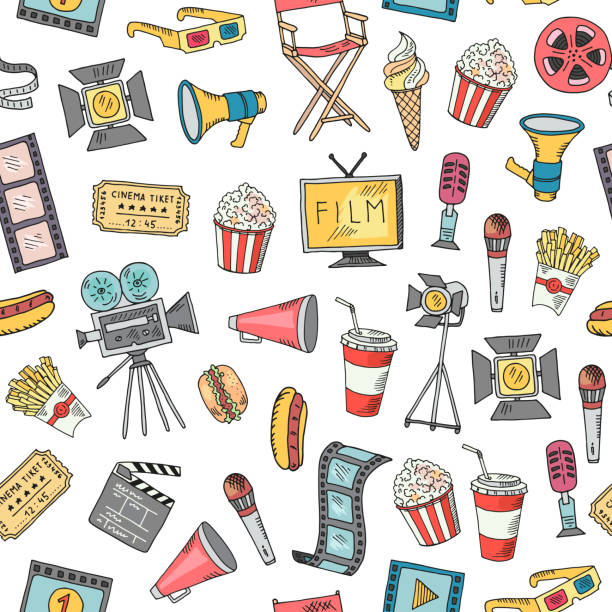 Vector cinema doodle icons background or pattern illustration Vector cinema doodle icons background or pattern illustration. Entertainment background movie, cinematography video and clapperboard seamless wallpaper video stock illustrations